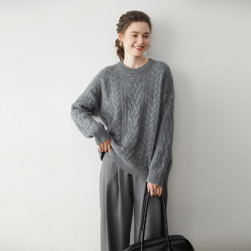 女性 100% カシミヤプルオーバーセーター O ネック長袖ツイストフラワープルオーバー秋冬ルーズヤギカシミヤニットウェアトップス