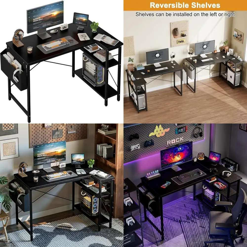 Escritorio para computadora para juegos en forma de L con estantes reversibles, escritorio esquinero de 47 pulgadas para espacios pequeños con bolsa de almacenamiento