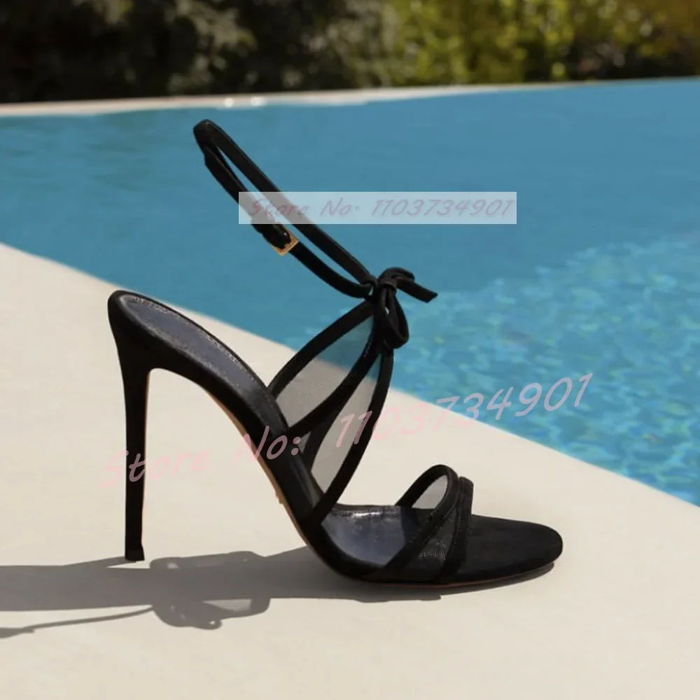 

Black Mesh Butterfly-knot Ankle Strap Sandals Women Flock Round Toe Thin High Heels Shoes Lady Trendy Elegant Sexy Party Sandals