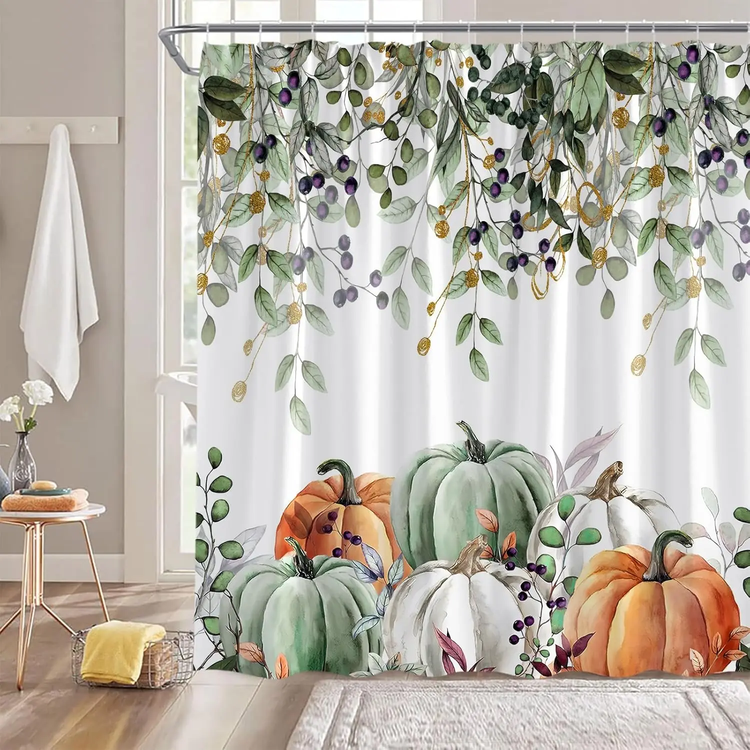 

Thanksgiving Pumpkins Shower Curtain Watercolor Leaves Colorful Pumpkin Harvest Fall Autumn Fabric Decorative Bathroom Curtains