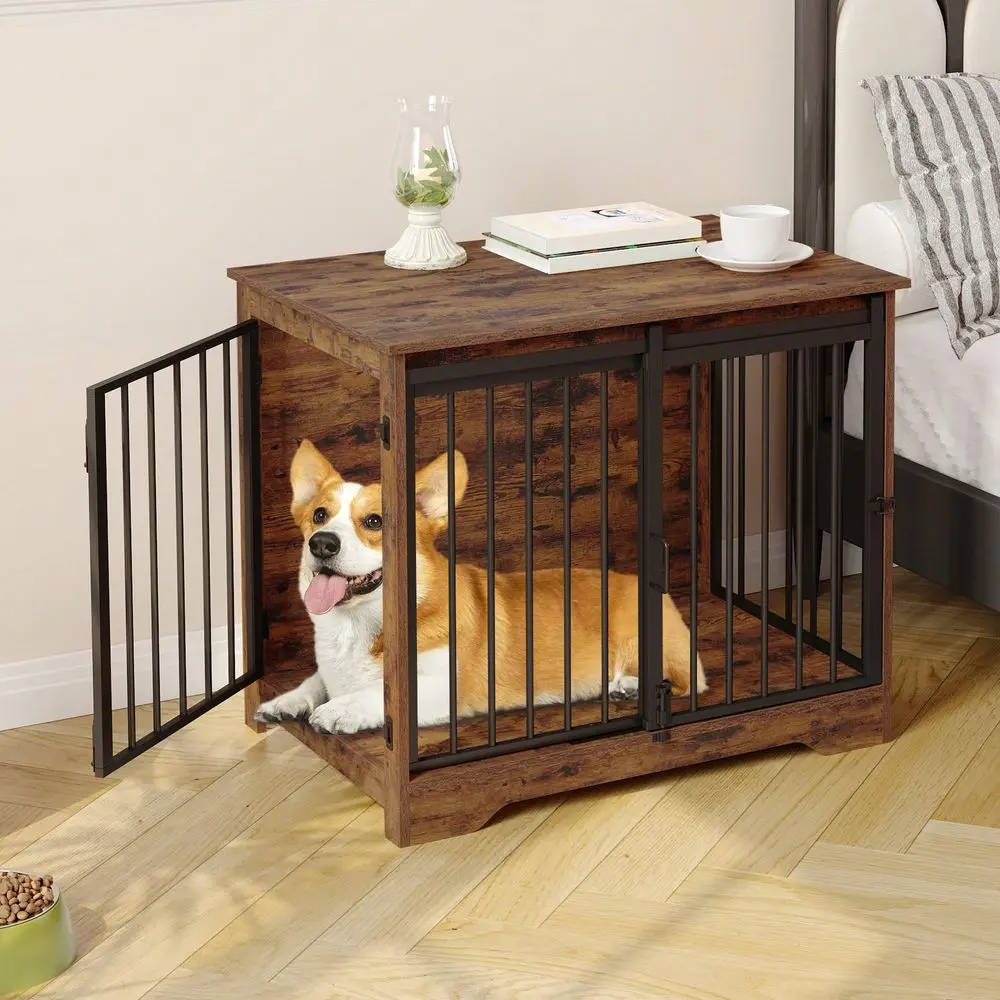 

Dog Crate Furniture, 32 Double Door Dog Crate With Barn Door, Dog Kennel Indoor, End Side Table Wooden Dog Crates For Small Med