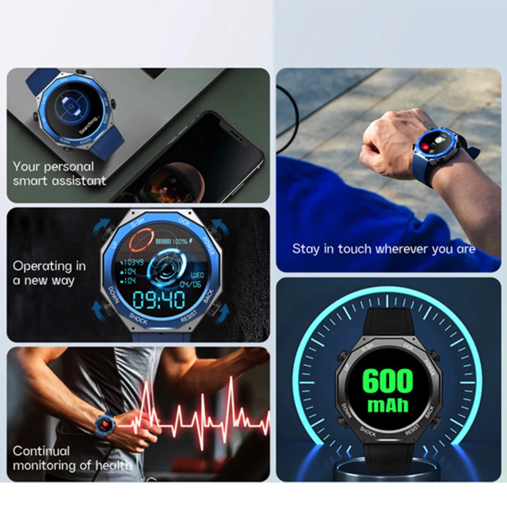 600 mAh Blue Tooth Call Smart Watches 123 Sports Modes Outdoor Smartwatch Men Waterproof Ai Voice Assistant Heartrate Monitor