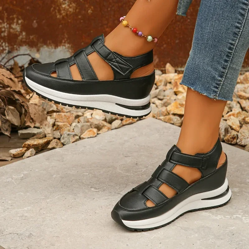 Ladies Shoes 2024 High Quality Buckle Strap Women\'s Sandals New Closed Toe Office and Career Summer Solid Wedge Sandals Zapatos