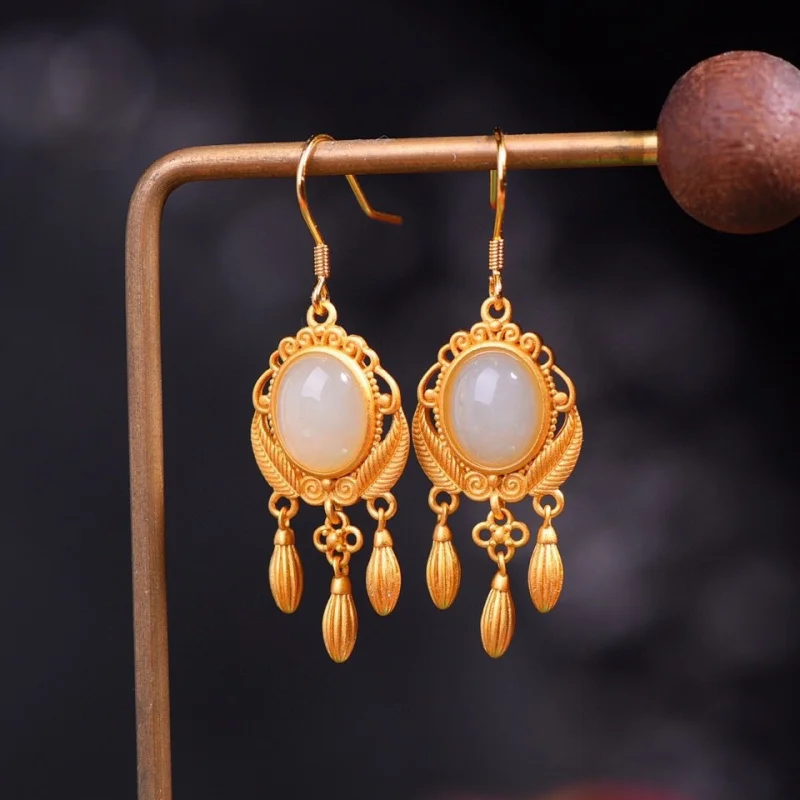 

S925 Silver Plated Inlaid Hetian Jade Tassel Ear Hook Gold Earrings