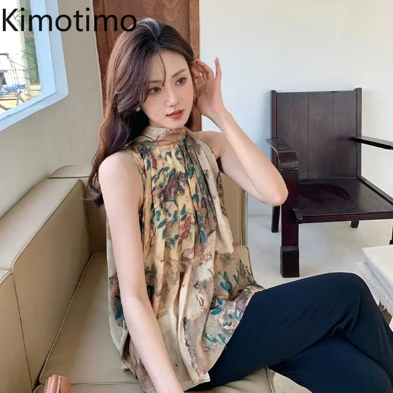 Kimotimo French Retro Floral Sleeveless Ribbon Tops Women Summer Temperament Halter Off Shoulder Blouse Beach Style Shirts