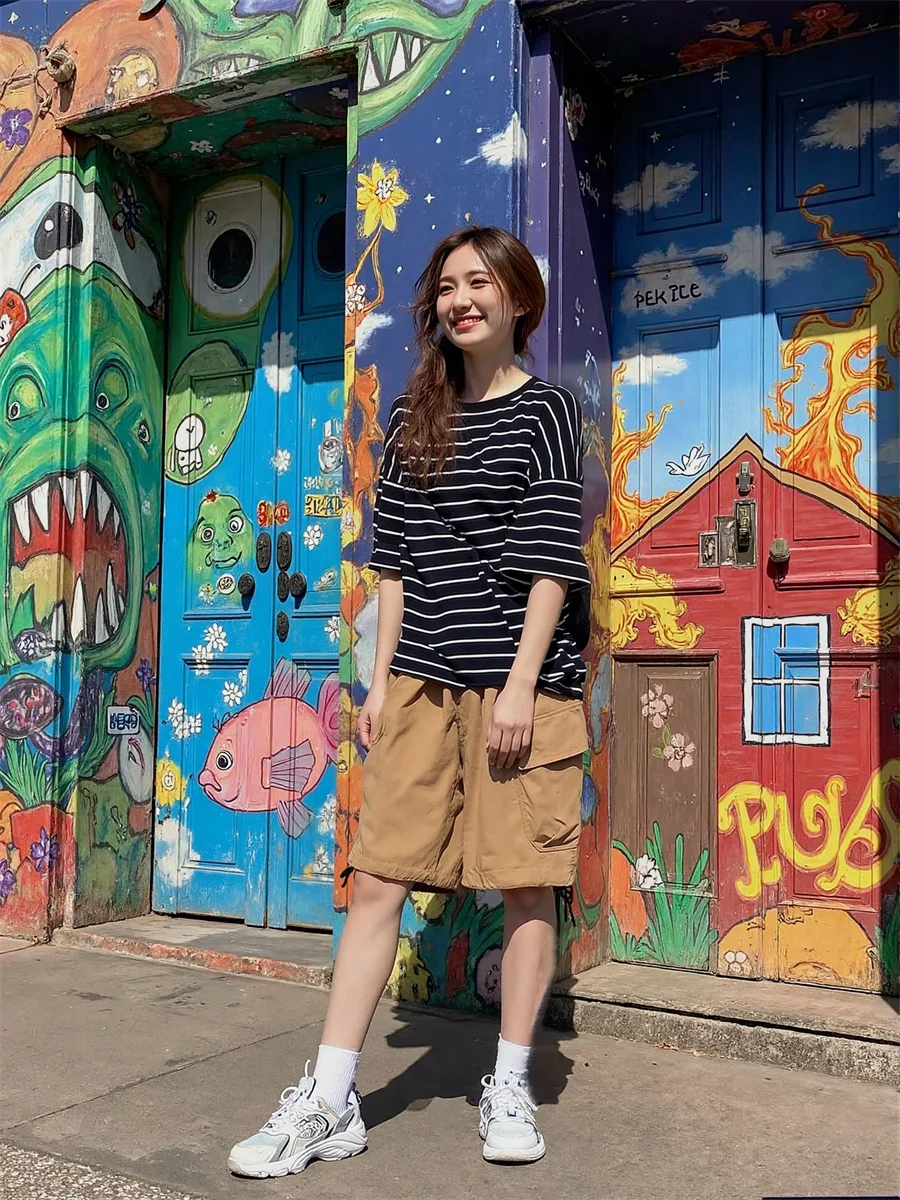 Shorts mit weitem Bein und mehreren Taschen für Damen, Vintage-Stil, Grunge, Gothic, Punk, Schwarz, modisch, Emo, japanische Y2K-Hotpants, Sommer, Straße, trendig