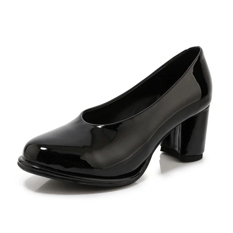 

Zapatos De Mujer Women Shoes Elegante Simplicity Patent Leather High Heels Round Head Black Platform Shoes Big Size 45 46 D04-3A