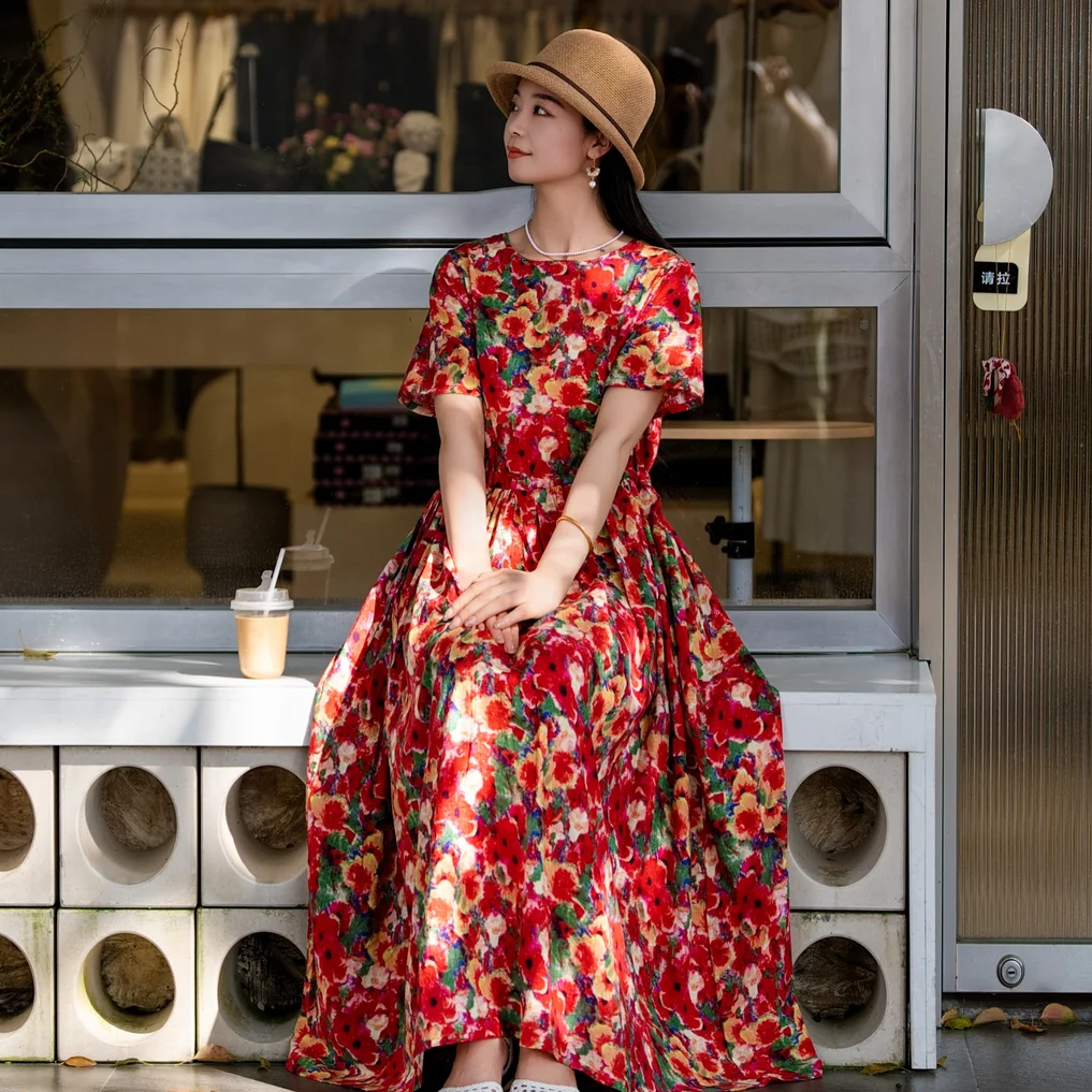 

Retro red printed floral dress 2026 summer new temperament thin large size fashion big pendulum long skirt