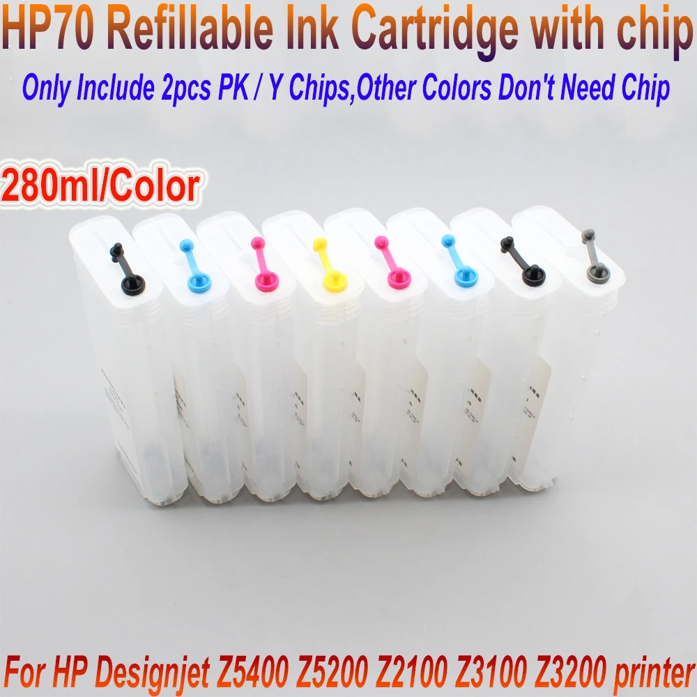 130ml 280ml 8Colors HP 70 Refill Ink Cartridge With Auto Reset Chip For HP Designjet Z2100 Z5200 Inkjet Plotter permanent chip