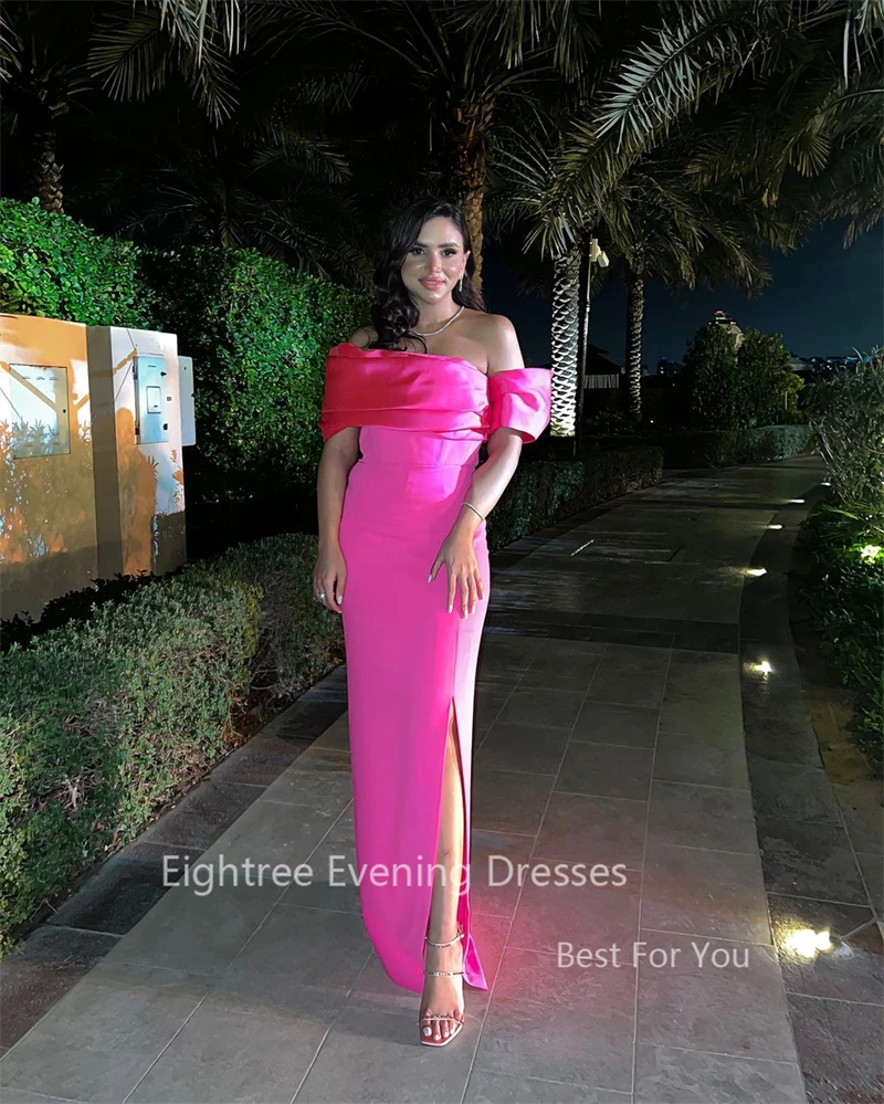 Eightree Hot Pink Long Off Shoulder Evening Dresses Short Sleeves Formal Club Party Night Dress Prom Gown Arabic Robe de Soiree