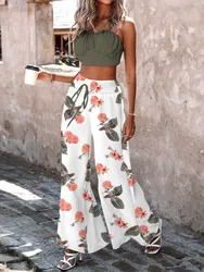 Women Fashion Printed Two Piece Set Summer Sweetheart Neck Casual Supender Shirred Crop Cami Top & Wide Leg Pants 2pcs Sets