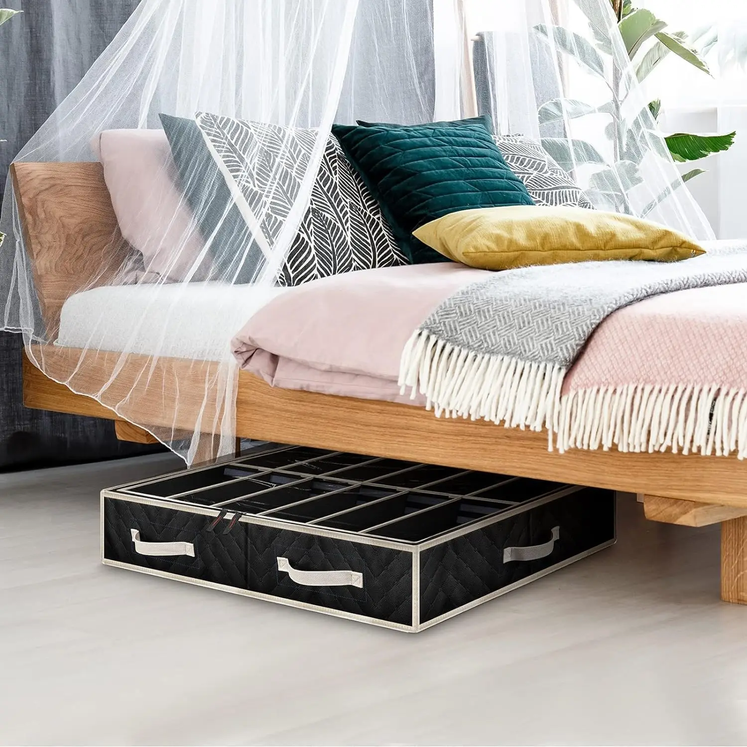 Набор органайзеров для хранения обуви под кроватью из 2 шт., с регулируемыми перегородками и прозрачным окном, черный