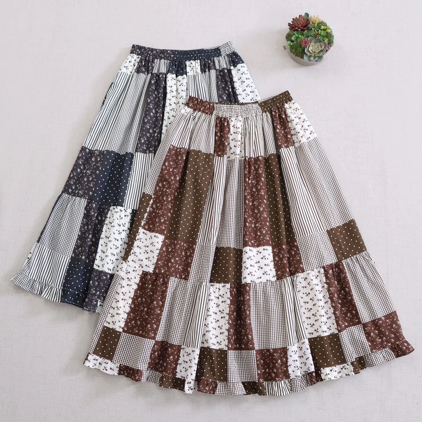Japanese Vintage Mori Girl Floral Print Stripe Plaid Patchwork Cotton Skirt Women Autumn Elastic Waist Casual Loose A-Line Skirt