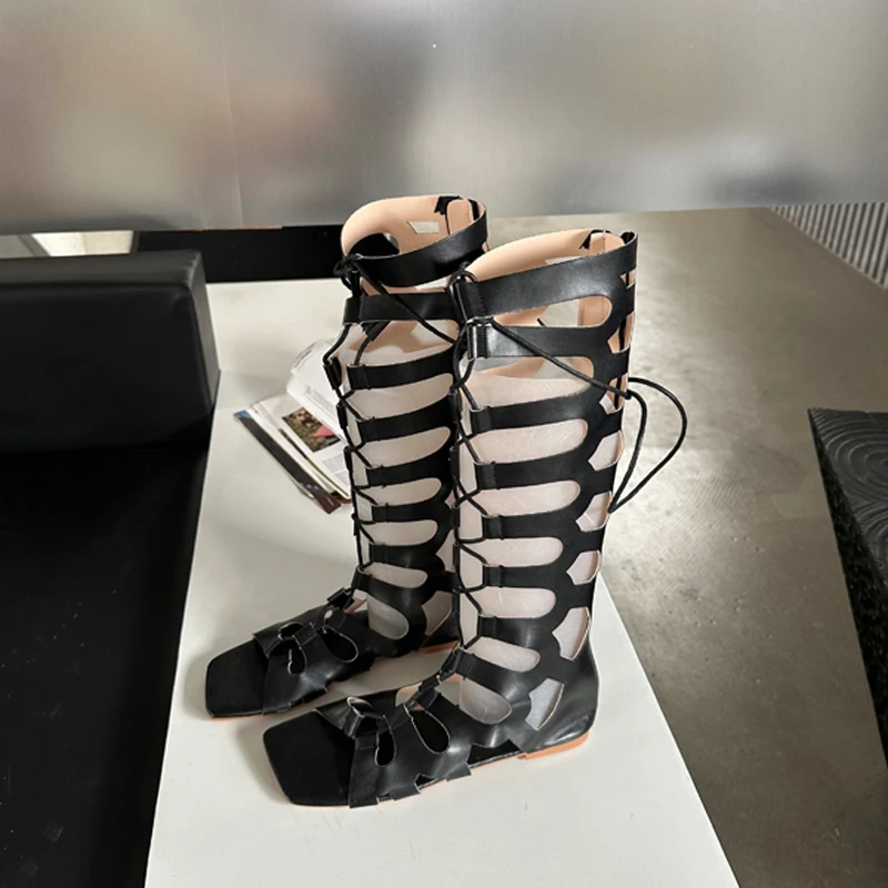 Brown Flats Long Boots Women Cross Strappy Summer Knee Boots Leisure Hollow Out Black Flat Sandals Zapatos Mujer image 5