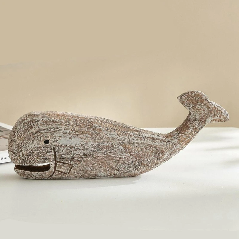 Wooden Whale Sculpture Nautical Decoration Housewarming Gift Desk Statue Entrance Office Wooden Animal Statue