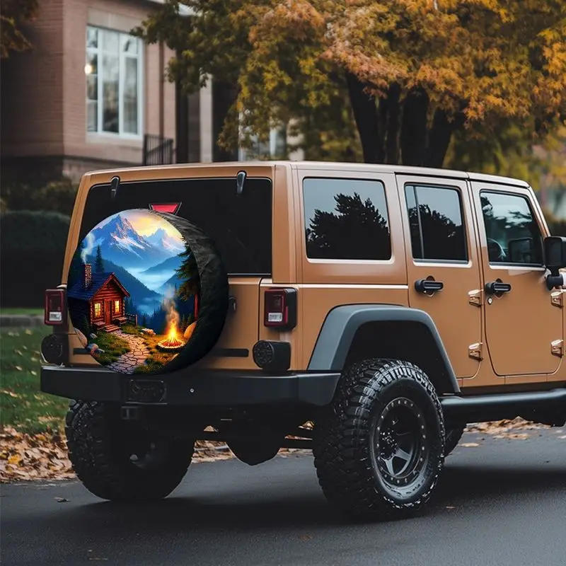 

For SUV, Car, Sedan Spare Tire Cover With Elegant Alps Design (Snowy Mountains & Cabins) - Heavy-Duty Fit Spare Wheel, Easy Inst