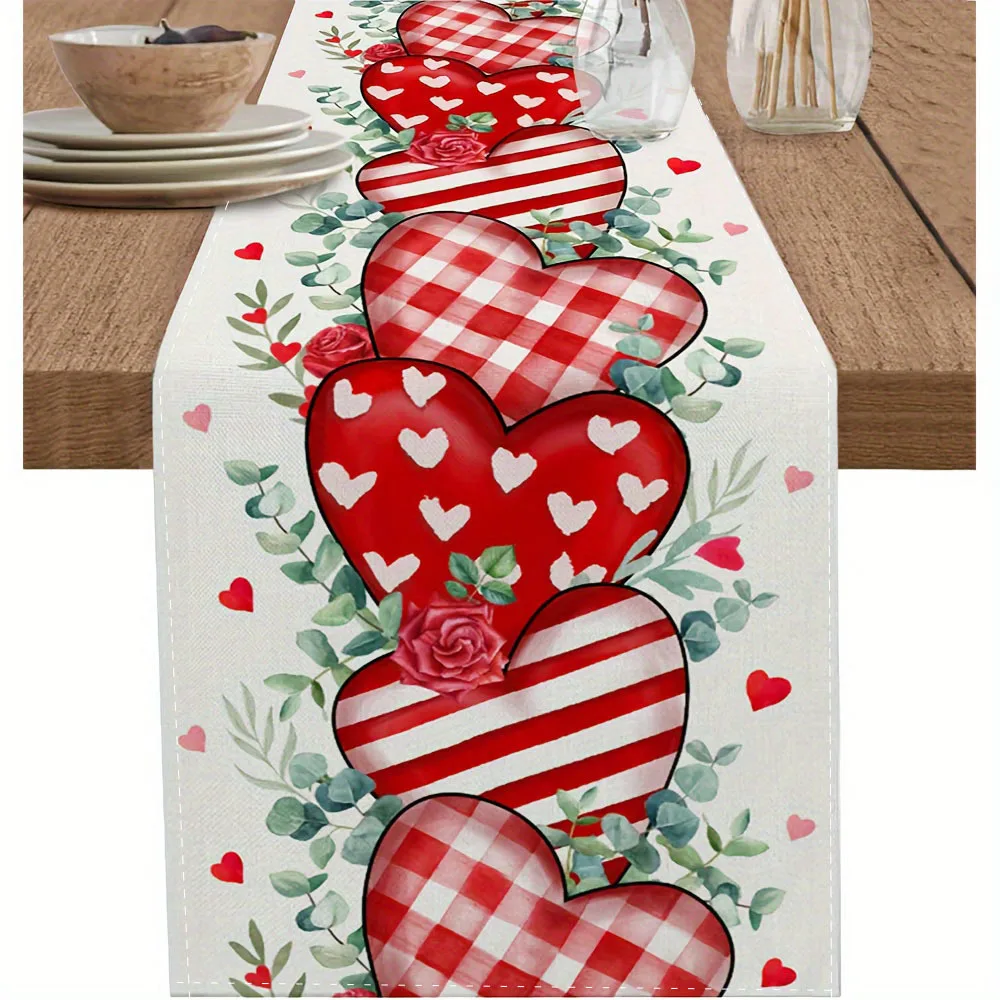 Valentine's Day Love Heart Eucalyptus Leaves Linen Table Runner Wedding Party Decor Valentine Theme Striped Plaid Table Runners