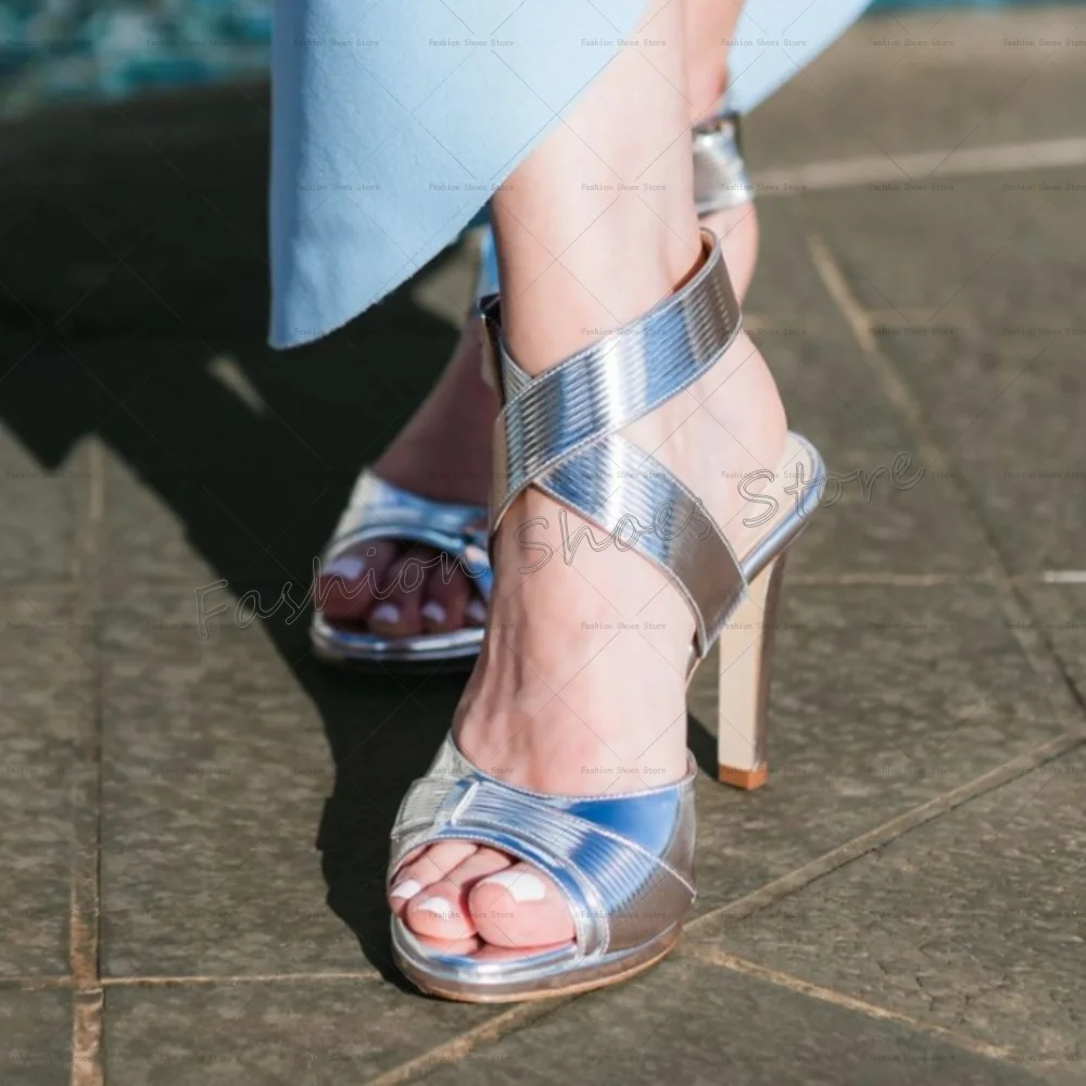 

Silver Cross Strap Buckle Strap Sandals Patent leather Women Shoes Thin High Heels Party Banquet Dating 2025 Zapatos Para Mujere
