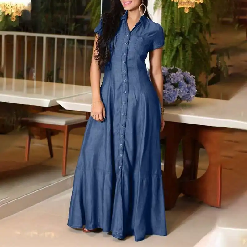 Large Size Denim Maxi Dress for Women Casual Short-sleeved Button Muslim Dress Women Shirt Collar Pocket Abayas Summer Kaftan