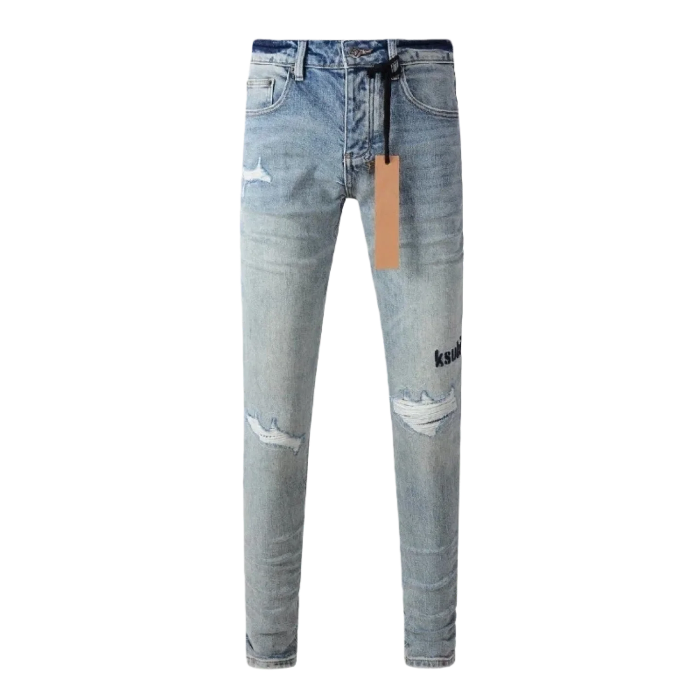 

High-quality ripped jeans, with brass button front and embroidered letter design, tight high street style