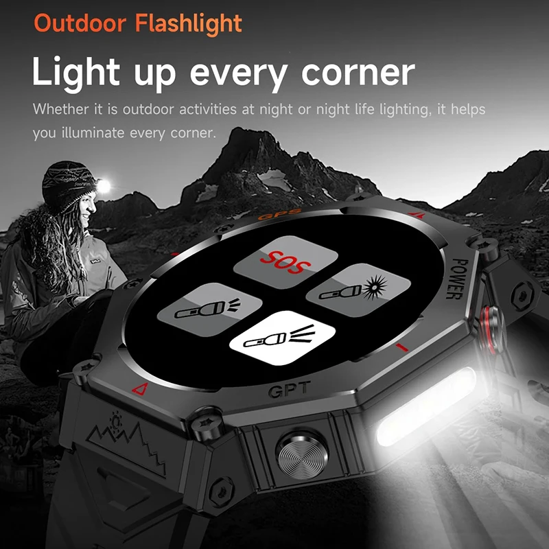 رجل ساعة ذكية GPS العسكرية في الهواء الطلق الساعات الرياضية 530mAh مصباح يدوي قوي البوصلة معدل ضربات القلب ChatGPT BT دعوة Smartwatch الرجال
