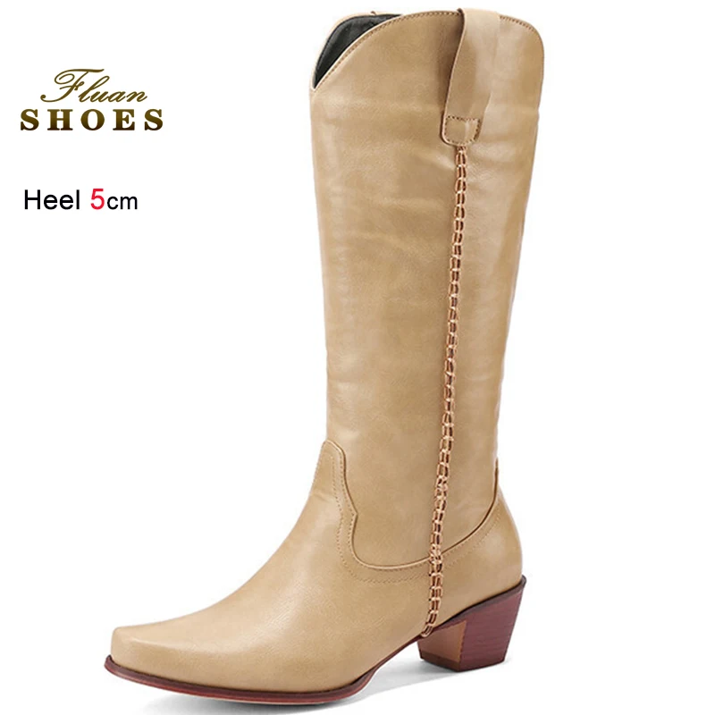 

Spring Autumn Winter Yellow Women's Knight Boots Square-toe Knee High Boots Chunky Heels 5cm Ladies Boots Casual Leather Shoes