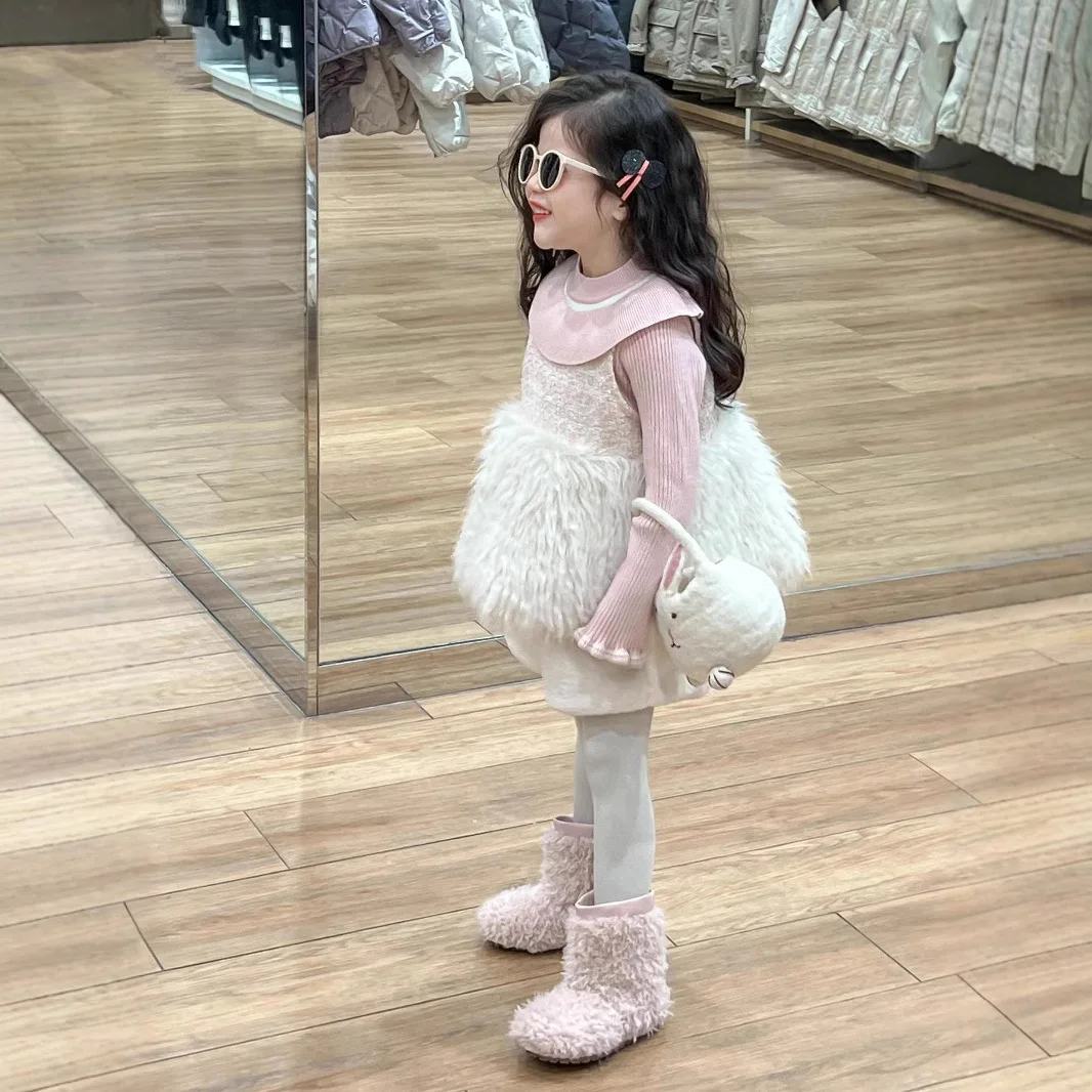 Lace Collar Knitted Top Fragrant Style Fur Vest Dress Set Grils Children Korean Loose Autumn Winter Sweet Cute Comfortable