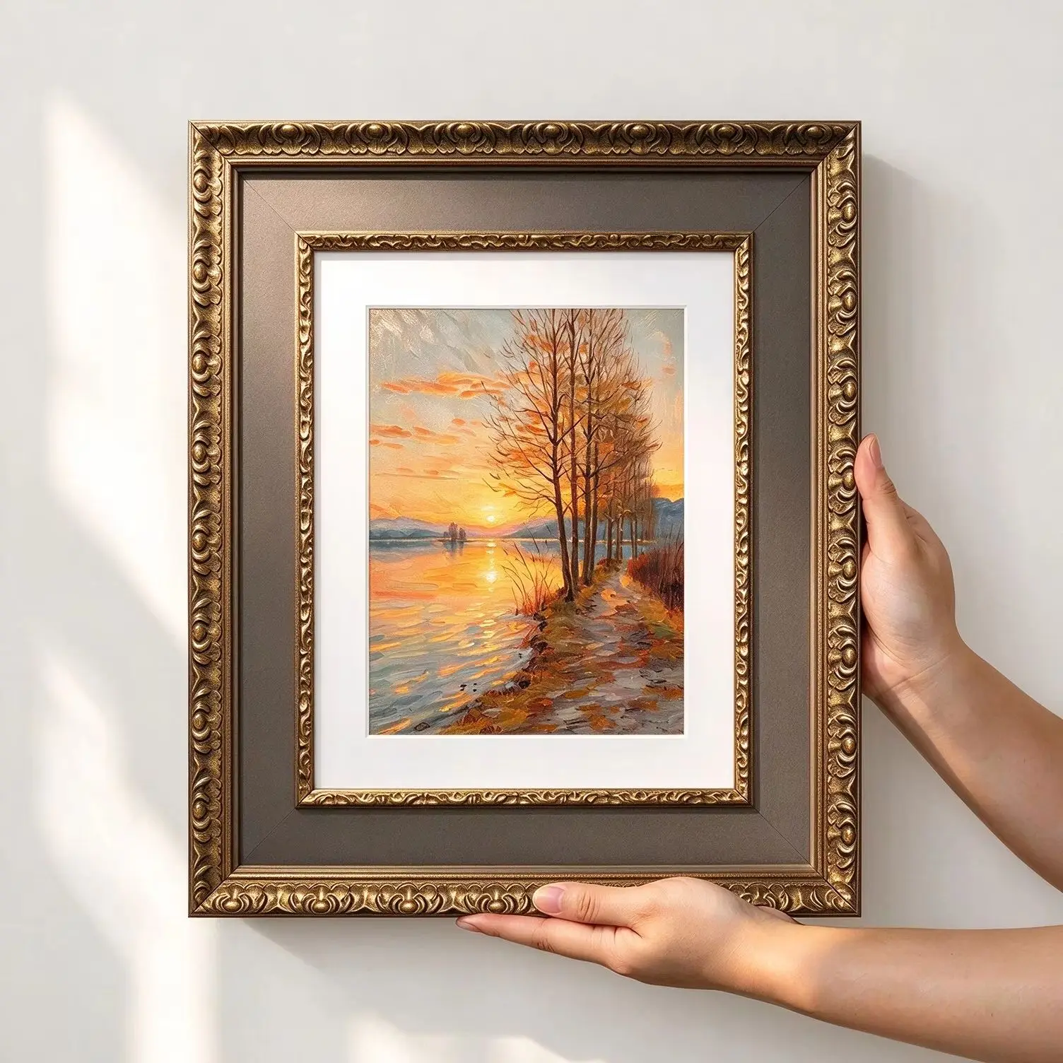 Luxury Two-Tone Solid Wood Photo Frame, Antique Gold Bronze Double Layer Picture Frame, Handcrafted Real Wood Wall Art Frame
