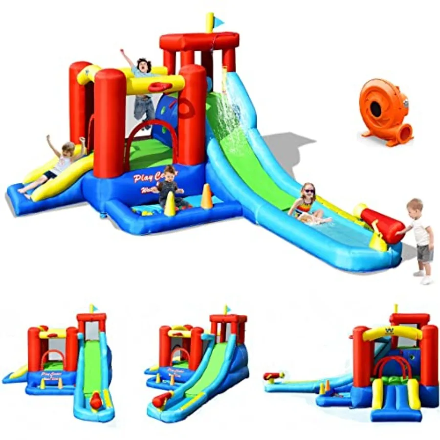 

Надувная водная горка, надувной батут с водными горками для детей, для игр на заднем дворе, с длинной горкой и компактным бассейном, воздуходувка 860 Вт, порт для подключения.