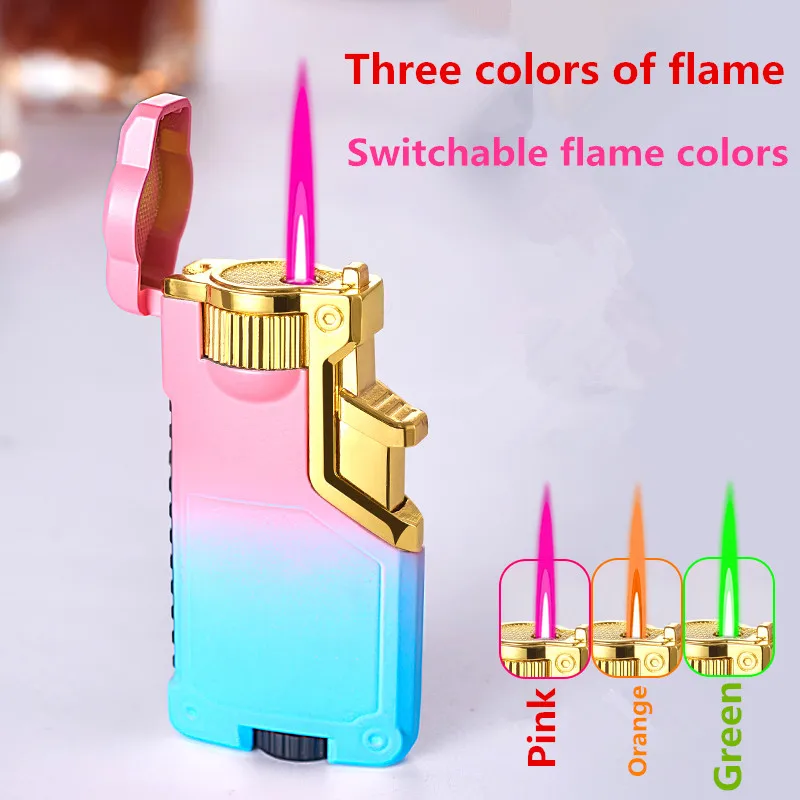 Creative Three Flame Butane Gas Lighter Metal Gradient Flame Switching Cool Windproof Torch Lighter Smoking Accessories Gadgets