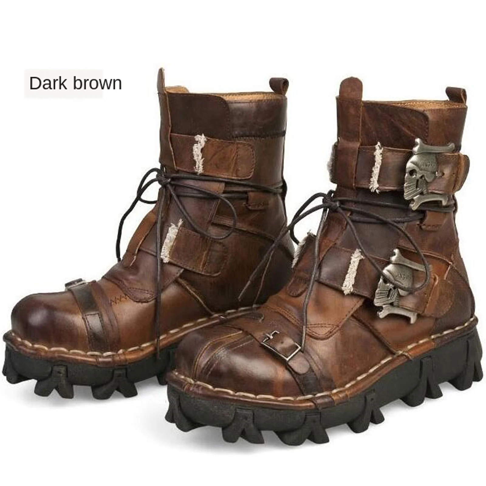 Genuine Leather Motorcycle Boots Buckle Lace Up Round Toe Platform Boots Winter 2023Thick Bottom Short Boots Skull Boots for Men