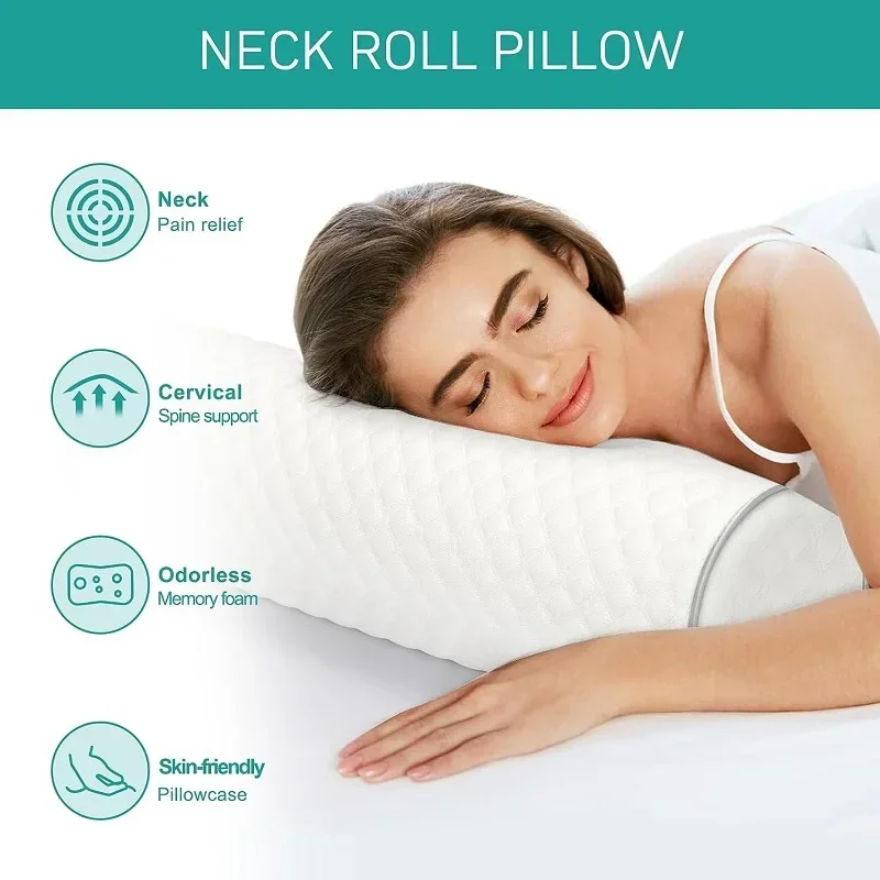 Comfort Cervical Roll, Pain Relief, Soft Neck Bolster Lumbar Cushion for Leg, Back, Firm Memory Foam Support with Bamboo Removab