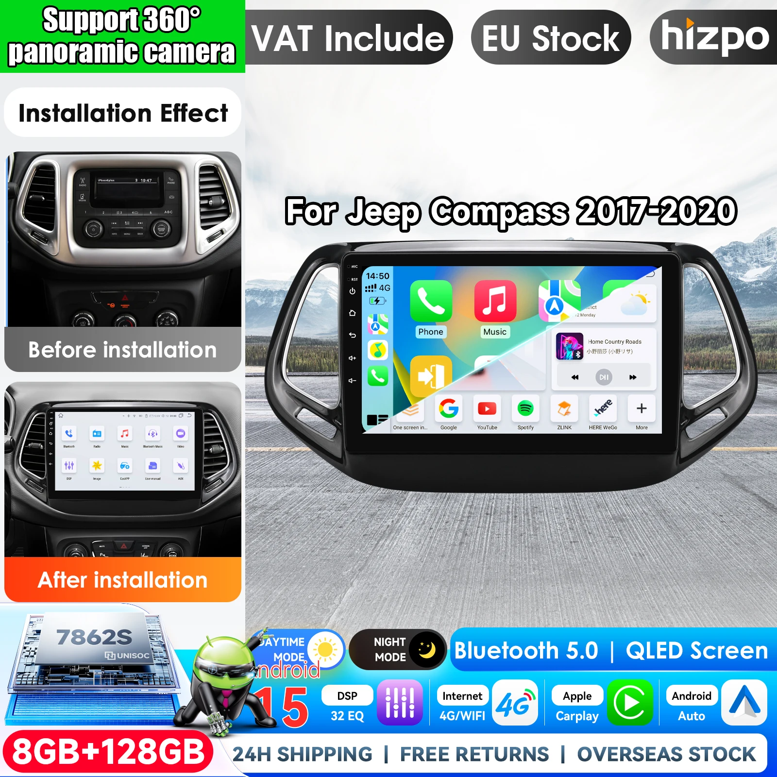 Image of Android 15 Videoplayer Carplay Auto WIFI+4G für Jeep Compass 2017 2018 2019 2020 Autoradio GPS Stereo Multimedia 2din Headunit DSP mit Apple CarPlay Smart Intelligent Systems IPS Touchscreen Stereo