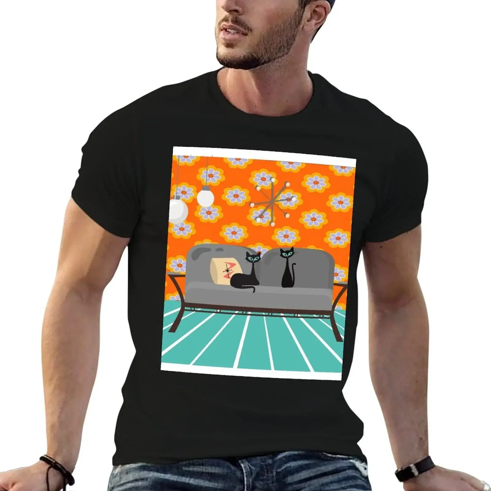 Mid Century Modern Kitties Lounging in a Retro Styled Living Room T-Shirt heavyweights aesthetic clothes oversized t shirt men