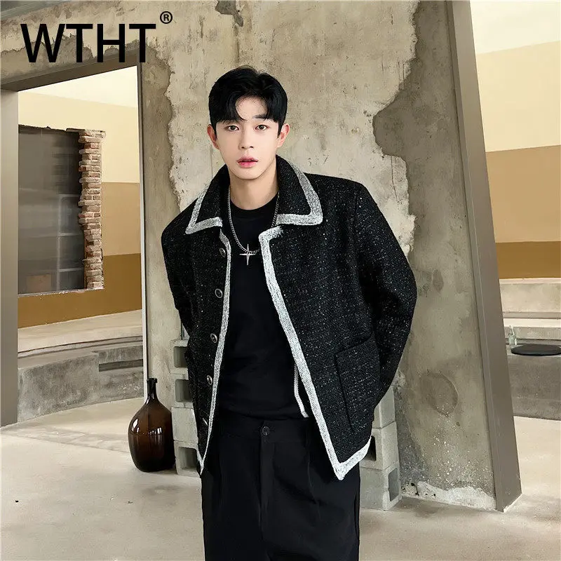 WTHT Fashion Men's Sequin Striped Contrast Color Coat Trendy Single-breasted Turn Down Collar Jackets Male 2026 Summer 2A2872