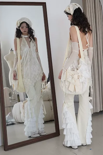 Spring Summer Three-dimensional Lace Velvet Backless Sexy Rose Halter Neck Top Princess Low Waist Beige Lace Leisure Flare Pants