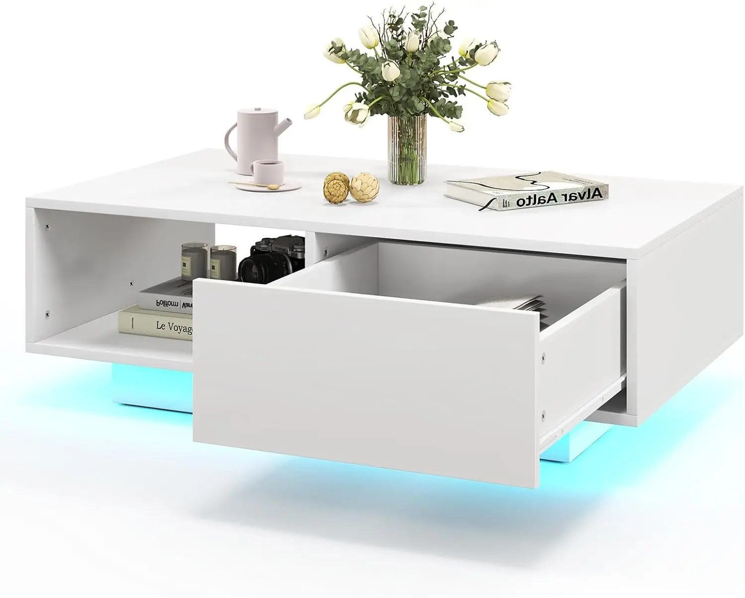 Mesa de centro con iluminación LED, mesa de salón de alto brillo con 20 colores claros, mesa auxiliar con cajón y espacio de almacenamiento