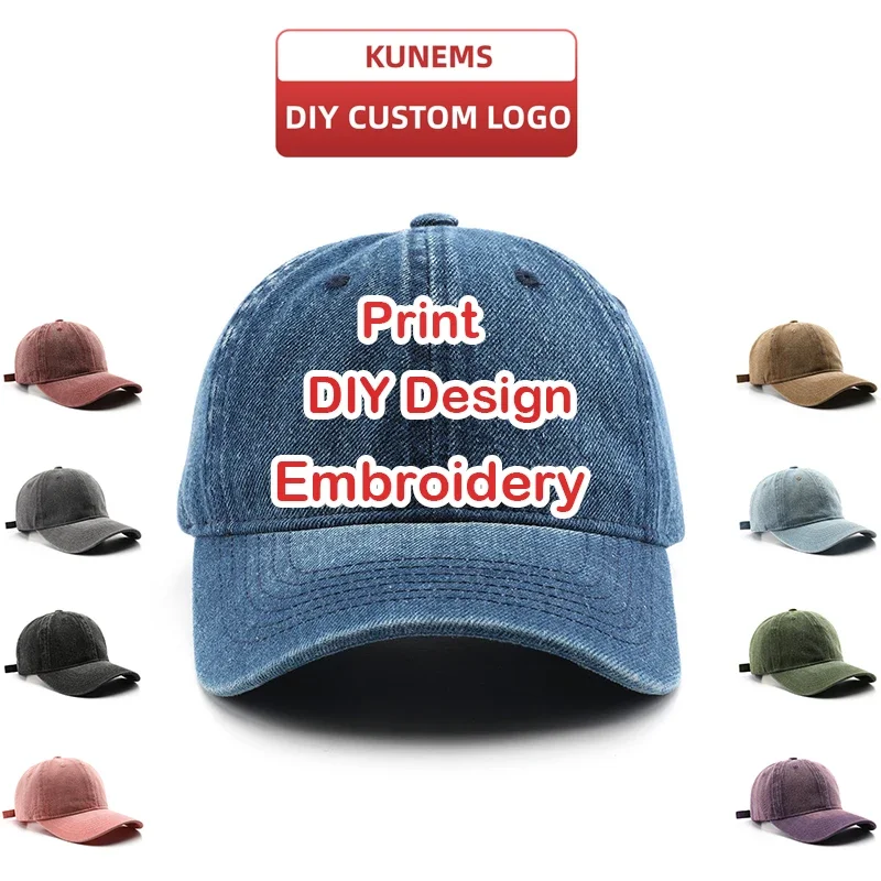 KUNEMS Custom Jean Baseball Caps for Men and Women DIY Print/Embroidery Text Design Cap Summer Sun Hat Unisex Wholesale