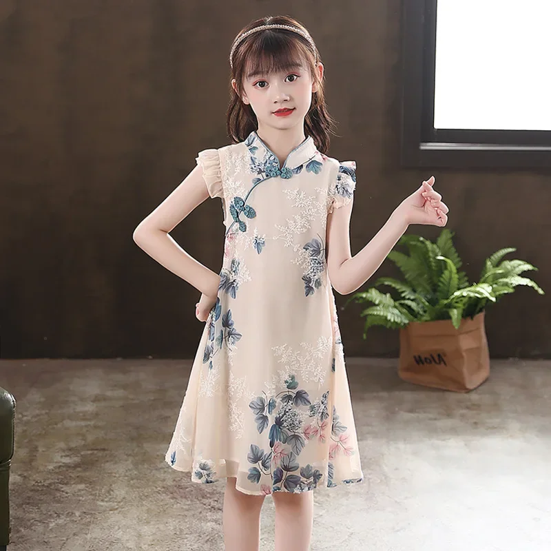 Kids Girl Floral Qipao Pink Dress Formal China Children Clothes Cute Toddler Kids Modern Cheongsam Birthday Gift Evening Dresses