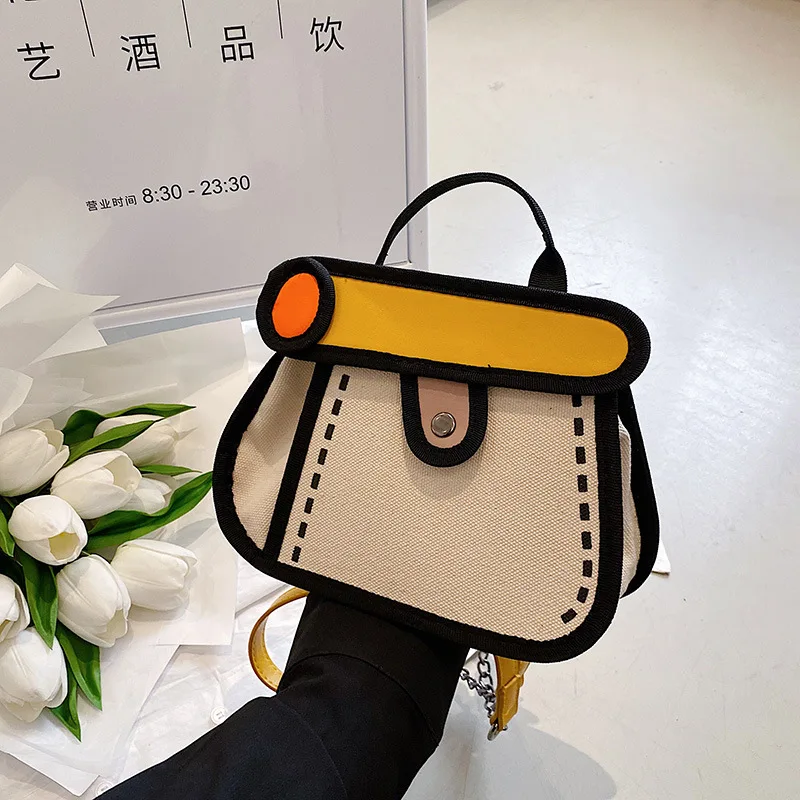Special-Interest Design Bag Women2023New spring and summer trendy canvas tote bag, cute anime-style chain bag, crossbody bag