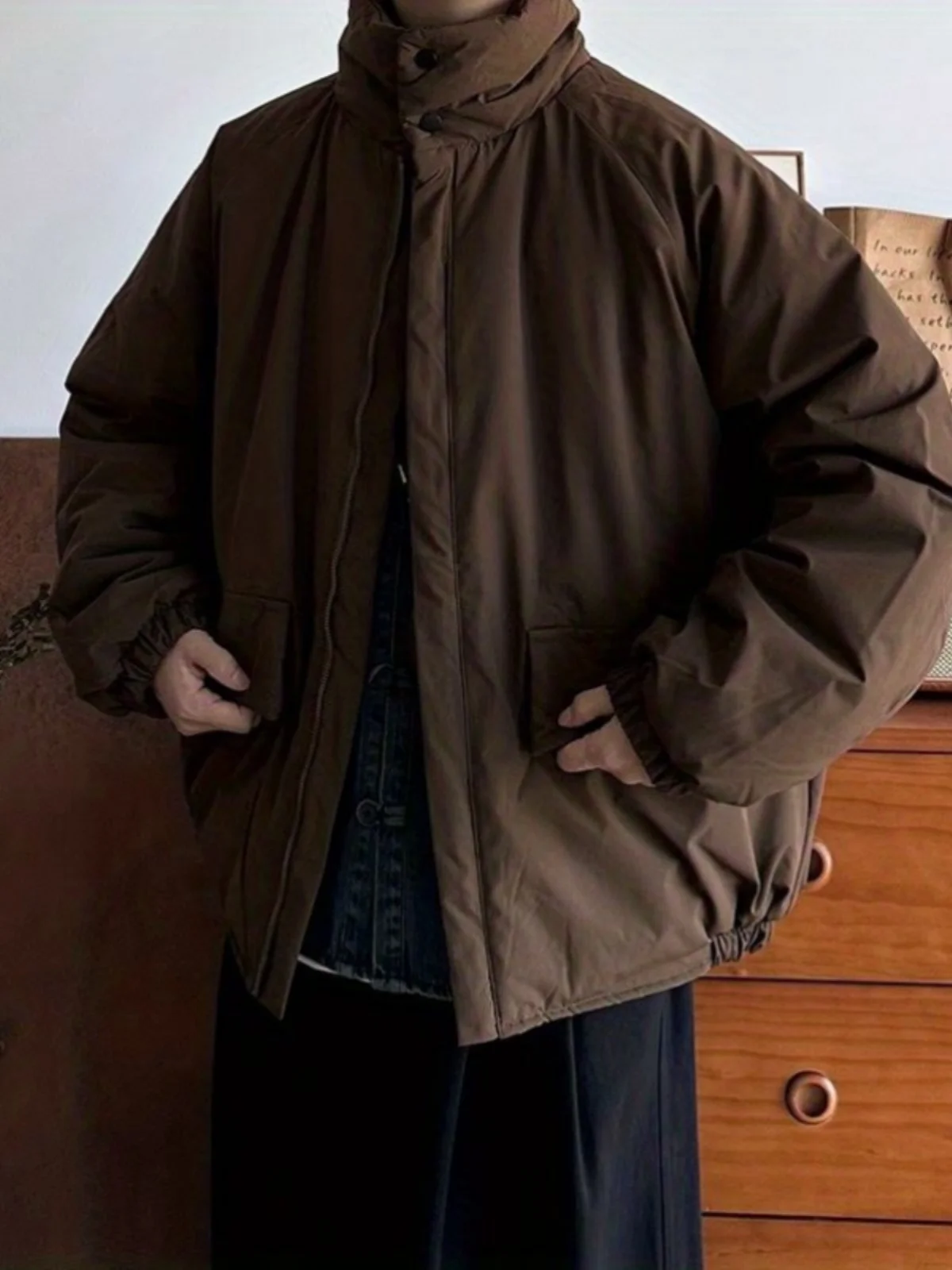 

Retro Aosphere Workwear Jaet Men's Loose Fit Stand Collar Casual Cotton Coat Warmth Youth Sle Zipper Closure Color