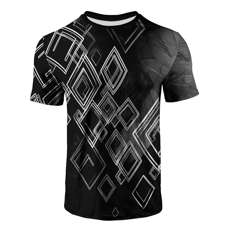 Herren-T-Shirt mit schwarzem, silbernem Diamant-Print, geometrischer Rundhalsausschnitt, kurze Ärmel, lässiges Streetwear-Oberteil, atmungsaktiv