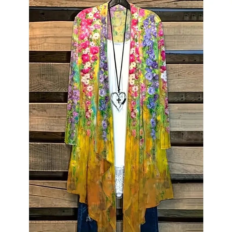 

Plus Size 1XL-5XL Women's Summer New Fashion Cardigan Jacket Women Casual Flower Print Long Sleeve Open Loose Outwear Coat