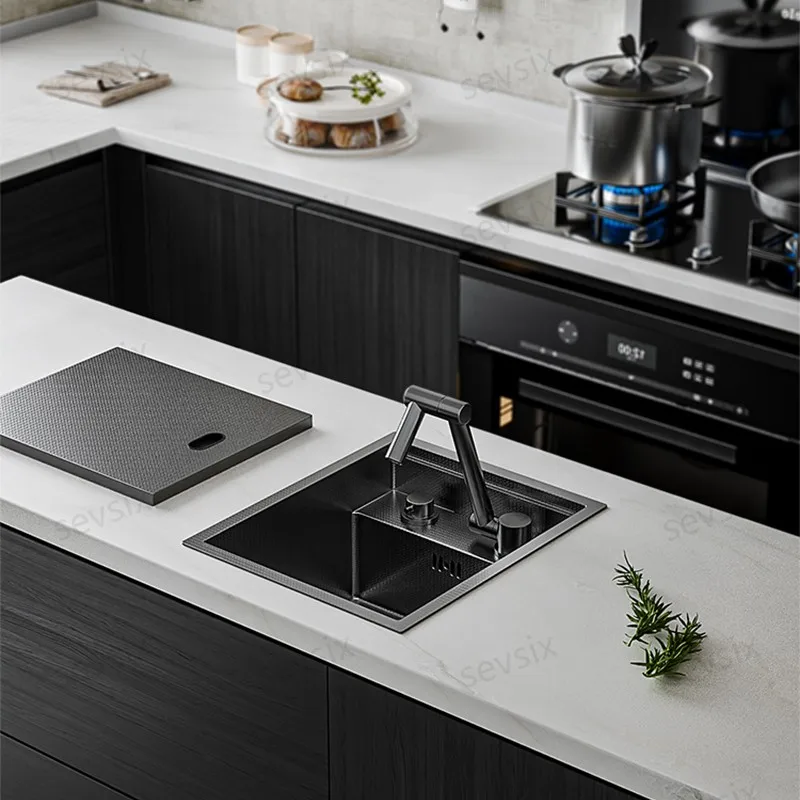 Modern Stainless Steel Black Kitchen Sink with Double Bowl & Drainboard, Easy Clean Design for Efficient Dishwashing