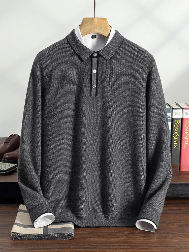 TLOML Men's 100% Cashmere Polo Sweater Autumn Winter Basic Smart Casual Long Sleeve Pullover Cashmere Knitwear Soft Comfy Tops