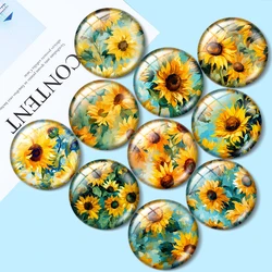 Geïllustreerde Zonnebloemen 10 Stuks 12Mm/16Mm/18Mm Rond Fotoglas Cabochon Demo Flat Back Maken Bevindingen