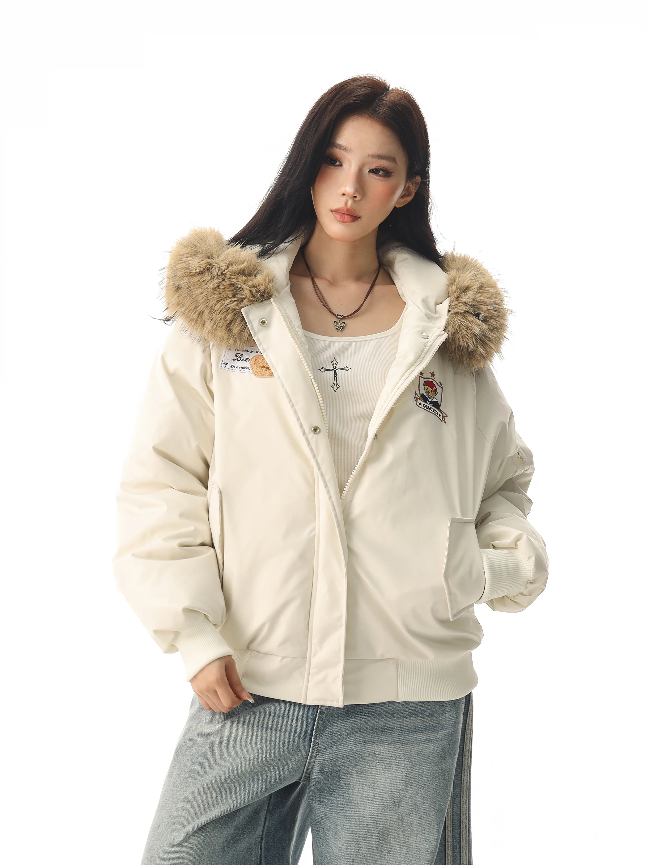 

Captain Beer Winter American Sle Fun Bear Suede Collar Cotton Jaet Women Design Sensation Super Cute Cotton Coat
