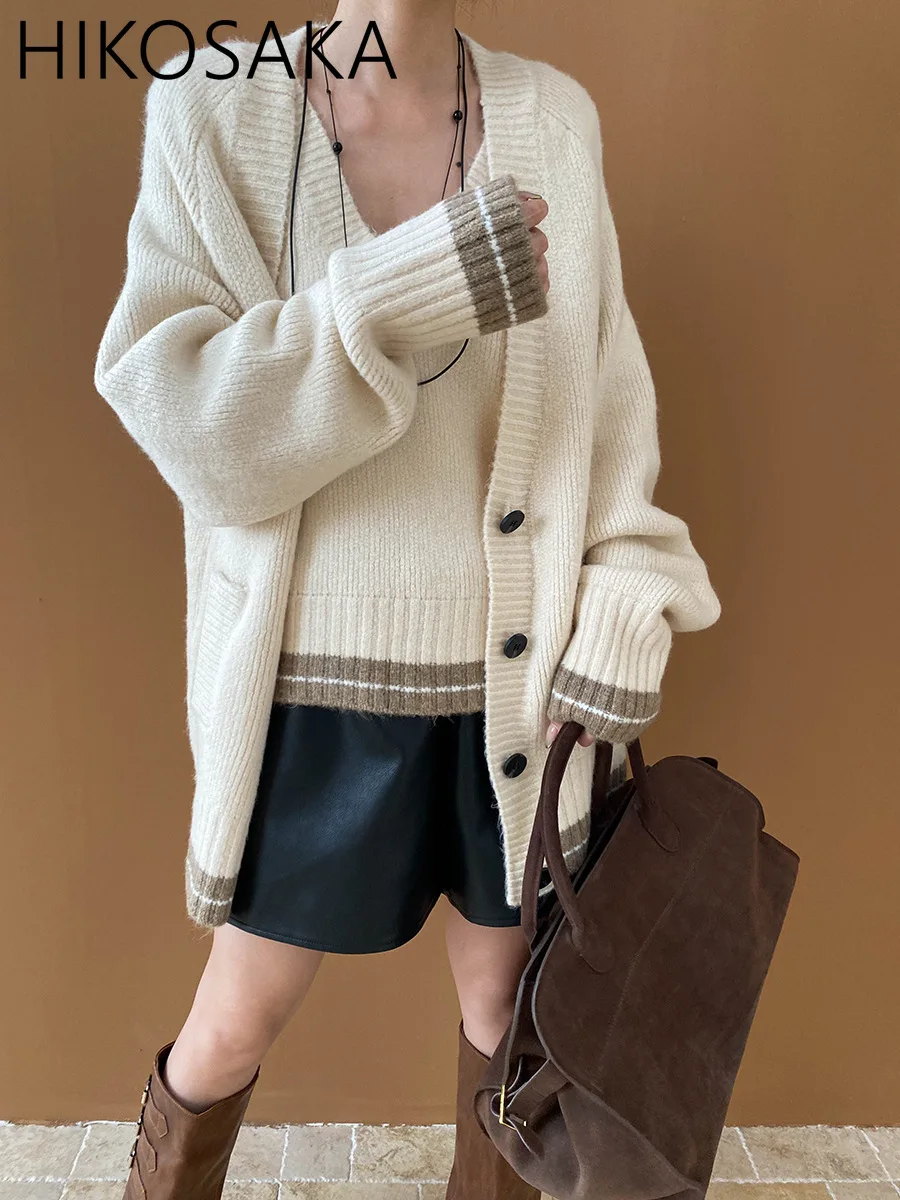 

Женский мягкий вязаный кардиган, Повседневный свитер контрастных цветов с длинным рукавом и V-образным вырезом, свободный универсальный джемпер, Осень-зима 2024