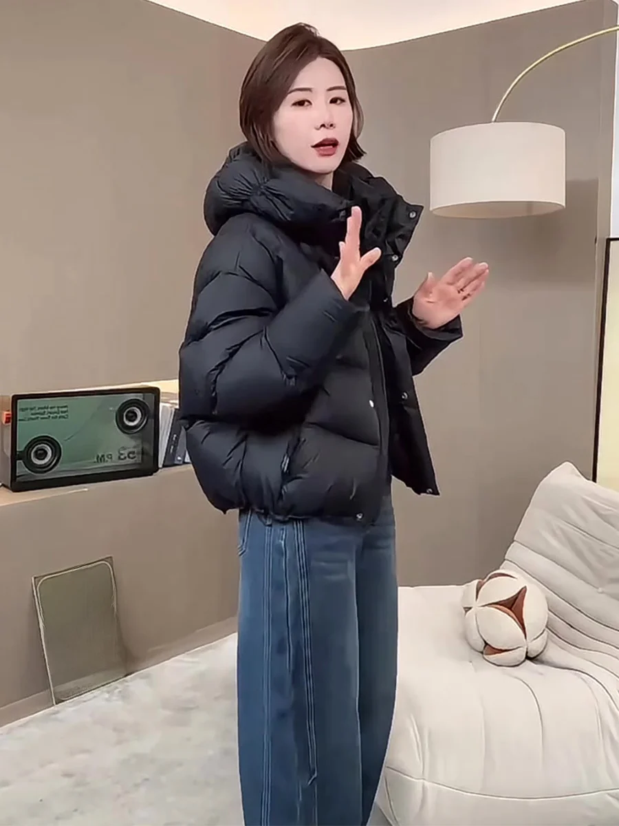 

Casual Style Short Hooded down Jacket Women's Winter Small Size Black Puff Bread Coat White Duck Feather Warm Outerwear