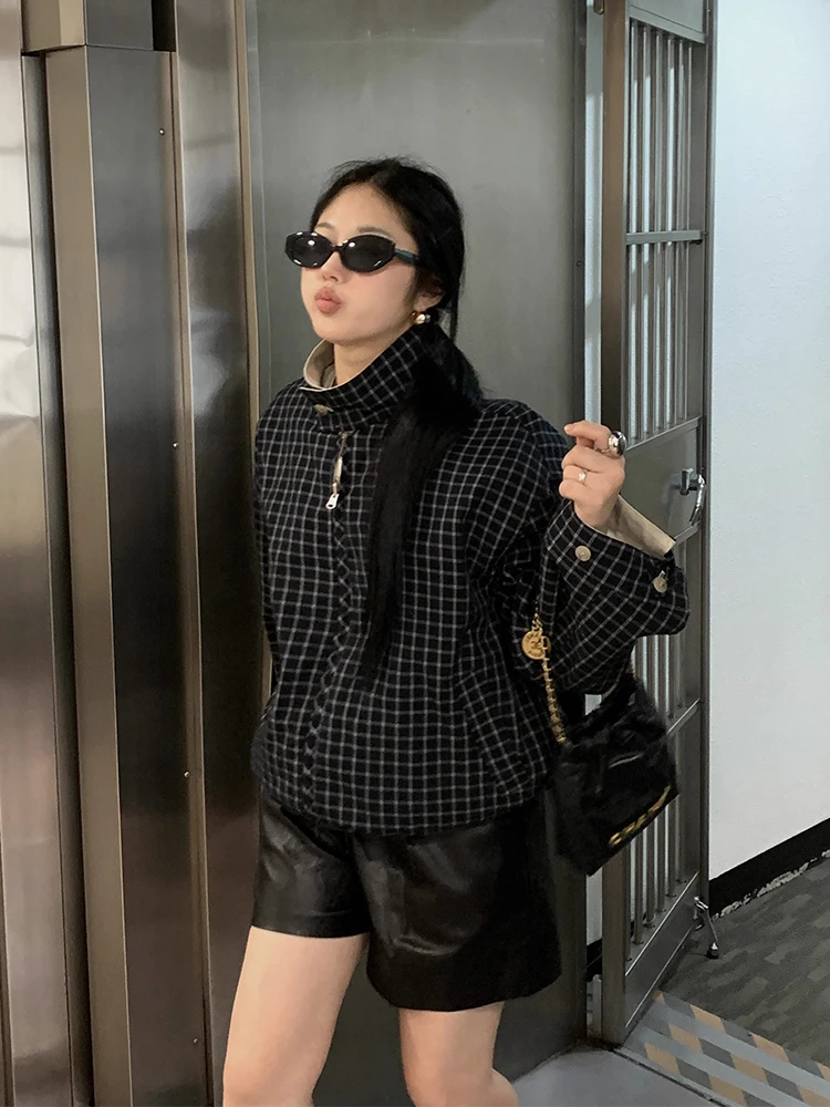 

Повседневная свободная женская двусторонняя одежда в клетку Long Sve ort Jaet, осенняя новинка Sle Chic Age-Defng Ladies Faion